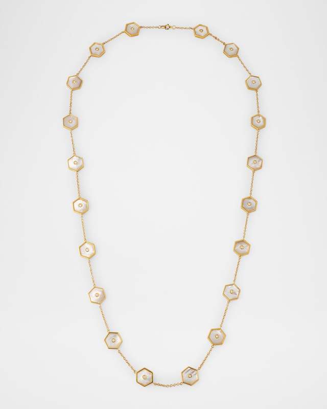 Baia Sommersa Long Necklace in 18K Yellow Gold with White Diamonds and Mother Of Pearl, 32"L